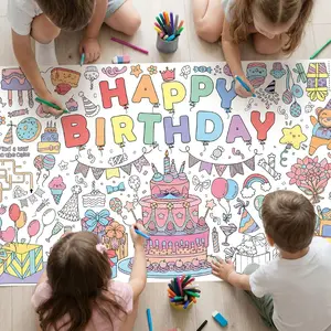 Happy Birthday Giant Coloring Poster/Tablecloth, 30 x 72 Inch Birthday Craft for Kids Art Crafts Paper Banner Kid Games Activities,Coloring Tablecloth Crafts for Classroom Wall School Home Parties