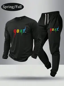 Men's Casual Letter Print Long Sleeve T-Shirt and Drawstring Waist Pants Set, Lightweight for Spring and Autumn, Suitable as a Gift for Husband or Boyfriend, 2 Pieces