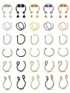 6pcs Women's Stainless Steel Fake Piercing Nose Ring Set, Spiral Nose Ring, Hinged Nose Hoops, Non Piercing Lip Ring, Nasal Septum Clip &, Punk Fashion Body Jewelry Gifts