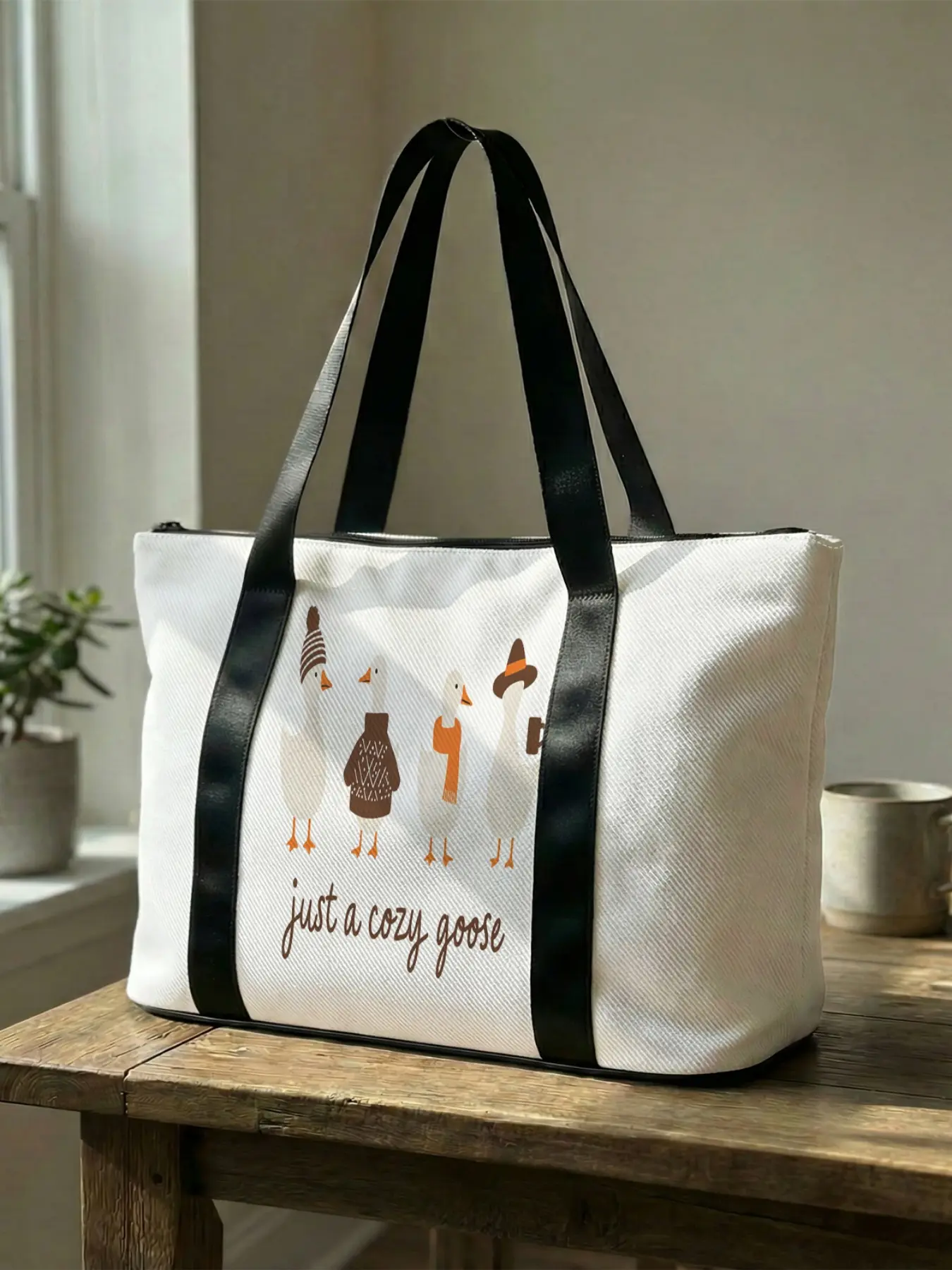 1 piece of Cartoon Big White Goose Themed Printed Handbag, Large Capacity Travel Duffel Bag, Portable Overnight Bag, Fashionable Travel Bag, Yoga Gym Bag, Portable Crossbody Bag with Shoe Storage Compartment