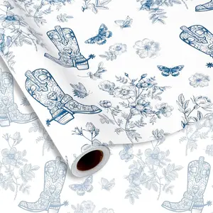 Western Cowgirl Wrapping Paper -Mini Roll- 17 Inch x 32.8Ft Blue Cowgirl Boots Flower Butterfly  Wrap Paper for Birthday  Shower DIY Crafts