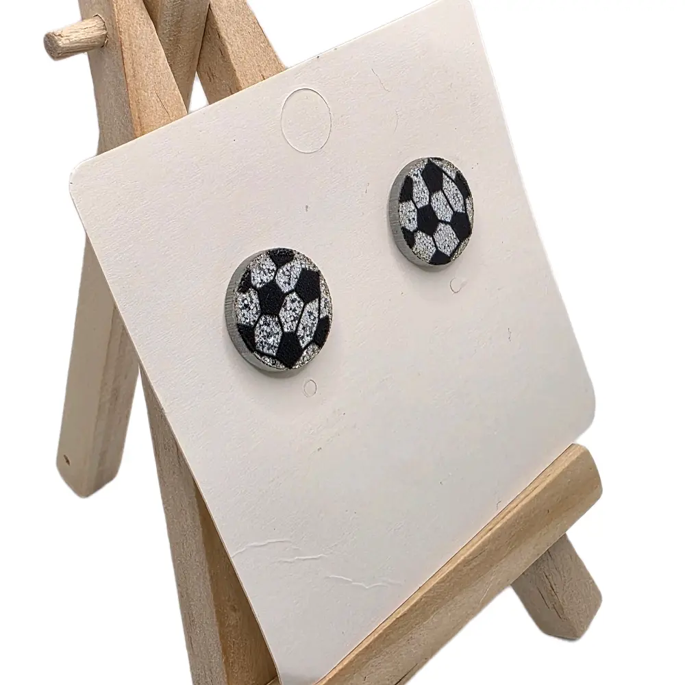 Plastic Glittery Soccer Stud Earrings - Black and White Glitter Design, Glamour Magic, Striking Glitter, Elegant Fit for Everyday Occasions (Note: Choking Hazard - Small Ball), Choking Hazard Is A Small Ball