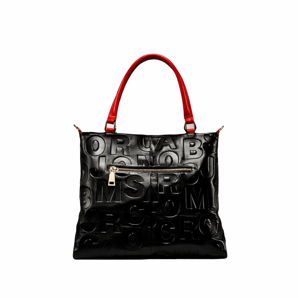 Women's Glossy Faux Leather  city   Tote Bag with Red Handles and Striking Embossed Letter Pattern