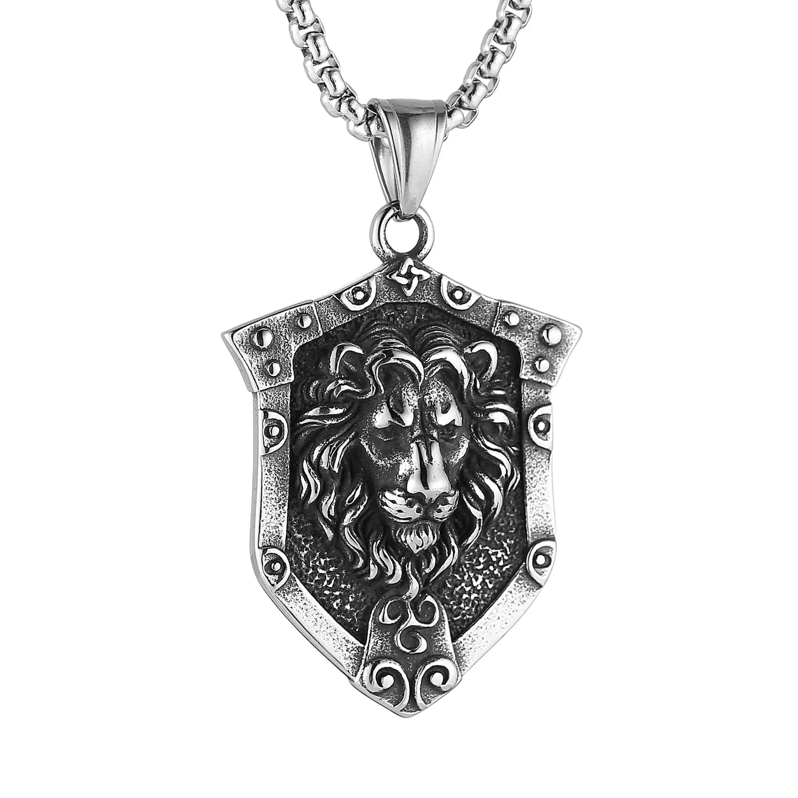 HZMAN Lion Head Necklace for Men Stainless Steel Gothic Retro Lion Shield Pendant Necklace Jewelry Gift