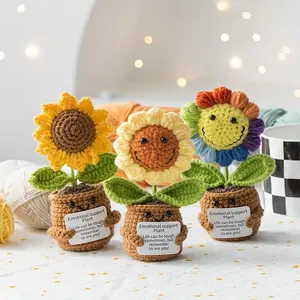 Full Crochet Sunflower Artificial Flower Pot Decorative Flower, Handmade Crochet Flower Pot with Rainbow Smiley Inspirational Tag, Home Office Desk Decoration for Mother's Day Valentine's Day Graduation Gift