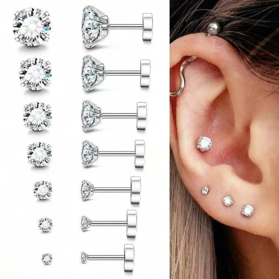 7-Pair Flat Back Earring Stacking Set, Multi-Size 2-8mm Cubic Zirconia Studs in Hypoallergenic Steel for Sensitive Ears