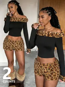 One Shoulder Top with Leopard Faux Fur Trim, Sleeve Cuffs, and Shorts, Retro Y2K Style, Sexy Fitted Home Wear Sleepwear Set