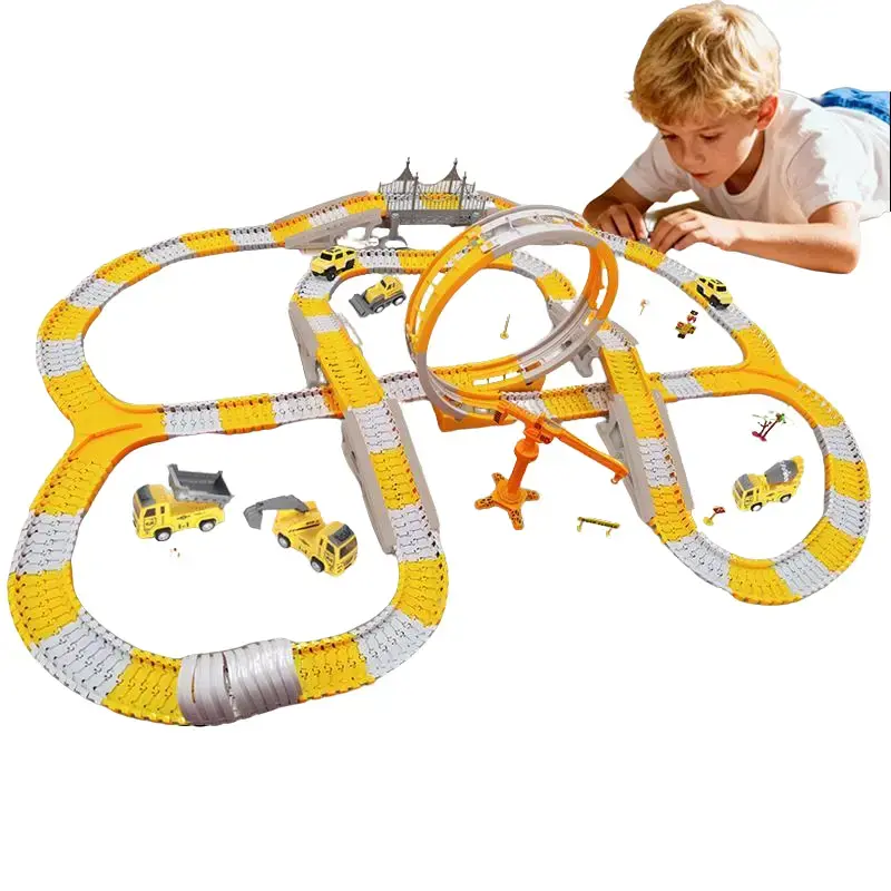 Kids Construction Track Toy Set DIY Flexible Railway Electric Engineering Truck Car Building Kit STEM Educational Toys for Boys Girls Ages 3 4 5 6 7 Toddler Creative Assembly Road Track Playset Parent Child Interactive Gift Hot Trending