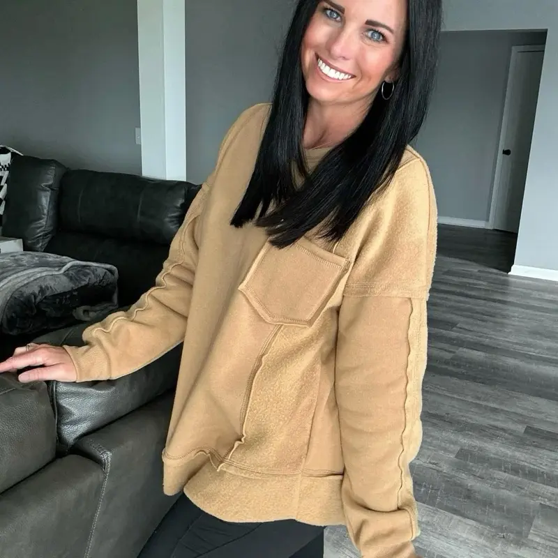 Mocha Fleece Pullover - Women's Hoodie in Mocha Color with Long Sleeves and Front Pocket - Womenswear