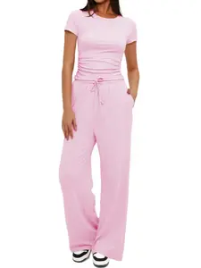 Women's Two-Piece Set, Plain Color Top & Pants, Breathable Lightweight Casual Fitted, Summer Fashion, Daily Outdoor Wear, Ladies Clothing