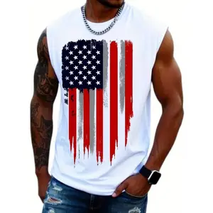 1pc Men's 100% Cotton Sleeveless Sports Vest - Breathable Loose Fit American Flag Graphic Print, Round Neck Gym & Casual Outdoor Wear, Machine Washable All-Season Comfort, Easycare Clothing