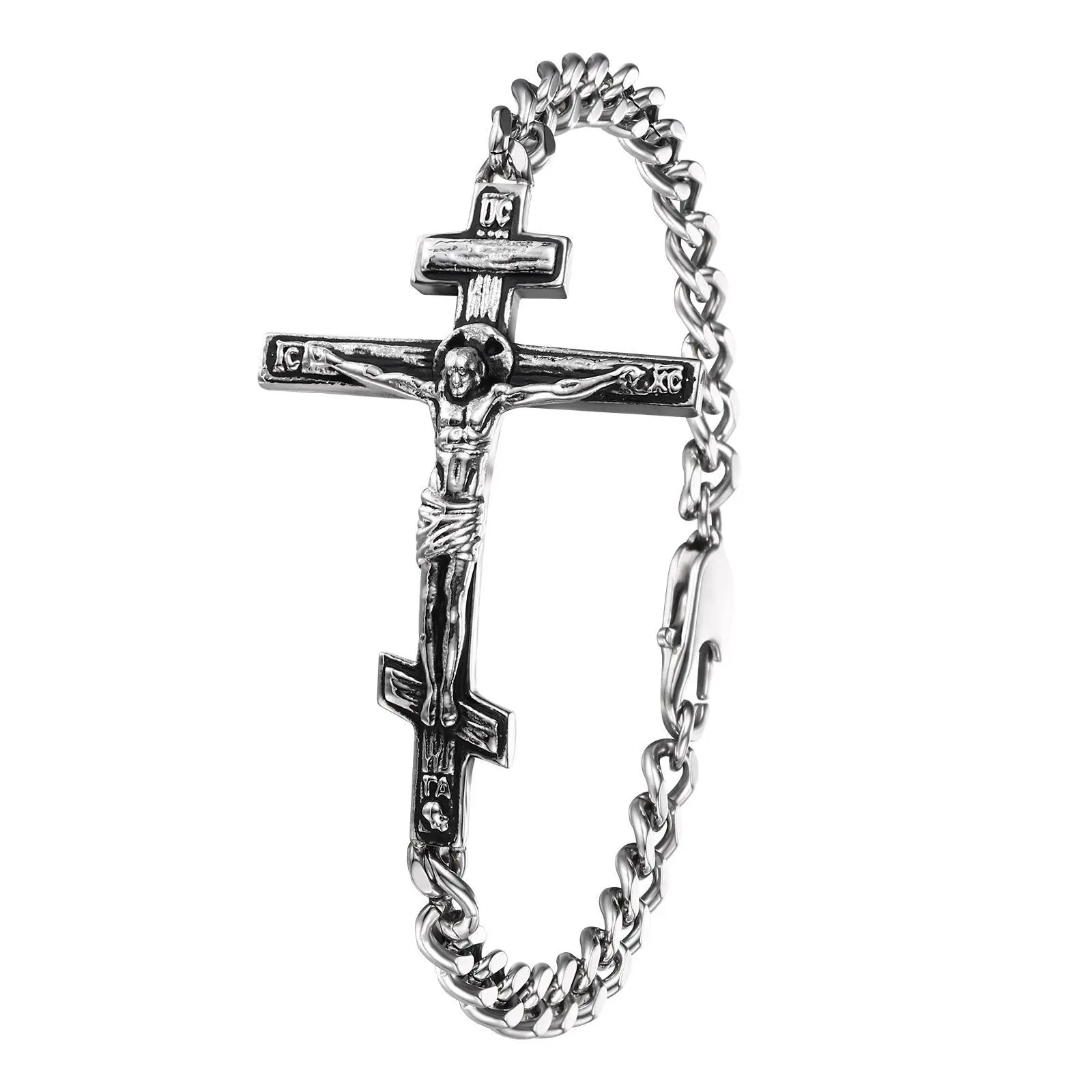 OIDEA Male Eastern Orthodox Cross Stainless Steel Cuban Link Bracelet - Engraved Jesus Crucifix, Polished Finish, Matte Finishes, Secure Clasp, 8.26in, 0.64 oz, Durable Religious Daily Devotion Jewelry, Birthday Accessory