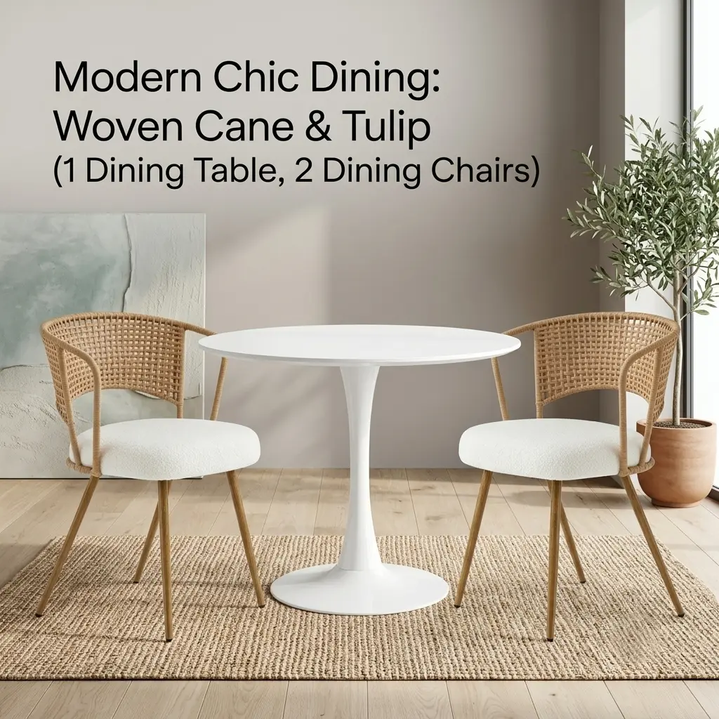 White 3-Piece Round Dining Table Set for 2, 31.5" Tulip Table with Pedestal Base & 2 Wicker Rattan Chairs with Cushioned Seats, Mid-Century Modern Breakfast Set for Small Apartments, Kitchen, or Cafe, Easy Assembly