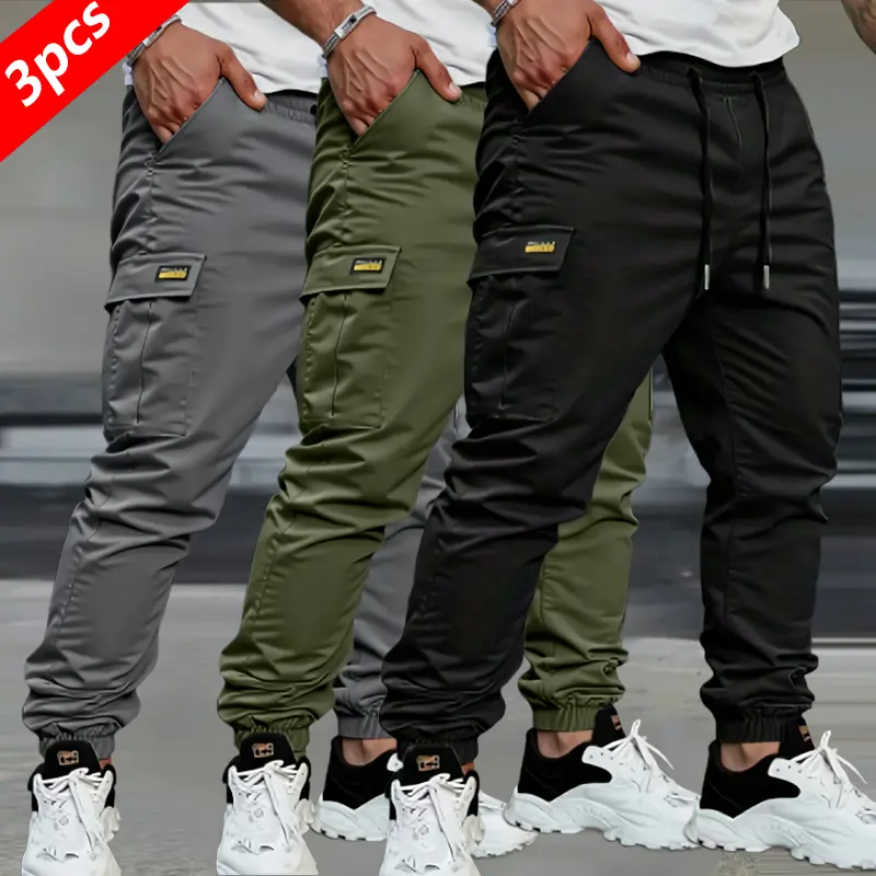 Men’s Fashion Casual Cargo Pants 3-Pack – Multi-pocket design suitable for casual wear, hiking/outdoor activities, everyday use, running and workouts, outdoor sports, and all seasons Menswear