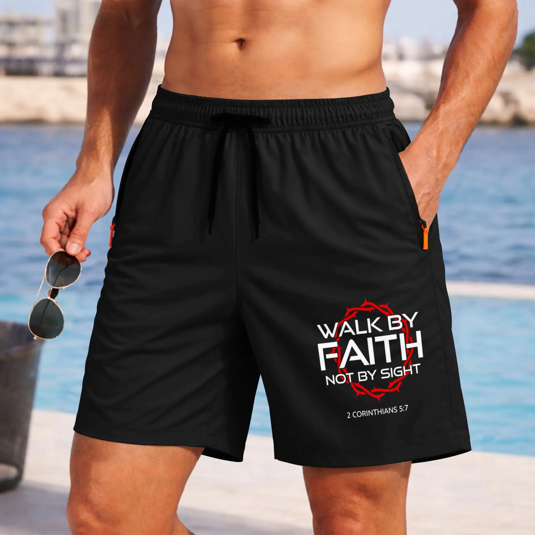 Men’s Faith Graphic Athletic Shorts Lightweight Quick Dry – “Walk by Faith Not by Sight” Christian Running Shorts with Zipper Pockets, Elastic Waist Drawstring, Breathable Workout Shorts for Gym, Training, Fitness, Basketball, Beach