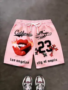 Pink, Number 23, Fire Lips Graphic, Flame Print, Cross/Star Print, Loose Fit, Breathable, Beach, Workout, Printed Shorts