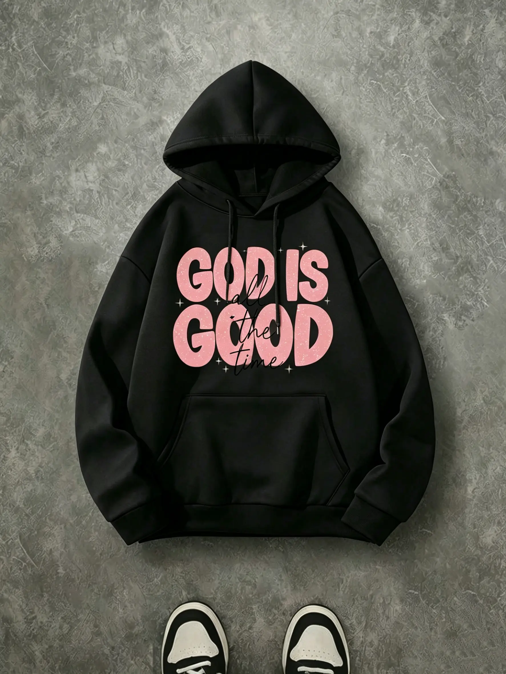 God Is Good All The Time Glitter Bubble Letter Hoodie, 270G Brushed Fleece Soft Pink Sparkly Star Accent Scripture Front Print Black Hooded Sweatshirt, Feminine Christian Casual Streetwear Pullover For Women & Teen Girls