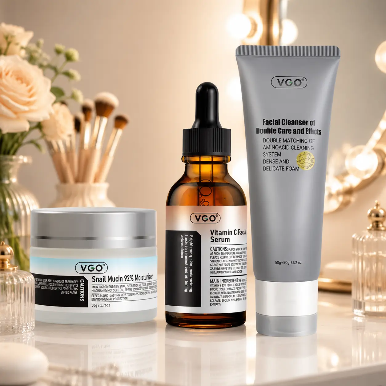 VGO Moisture Balance Skincare Collection - Daily Lightweight Facial Cleanser, Vitamin C Facial Serum & Snail Mucin Moisturizer for Cleansing, Foam