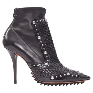 Pre-owned Givenchy Women's Givenchy Iron Line Basketweave Leather Silver Studs Pointy Ankle Booties by Rebag