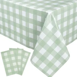 3-Piece Sage Checkered Tablecloth Set, Rectangular Disposable Picnic Camping Birthday Decorations, Outdoor Party Supplies