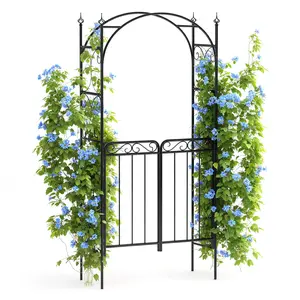 84" Garden Arch Arbor with Gate, Metal Arch Trellis, Garden Archway for Climbing Vines, Wedding Ceremony Decoration, Flourishes & Arrow Tips, Black