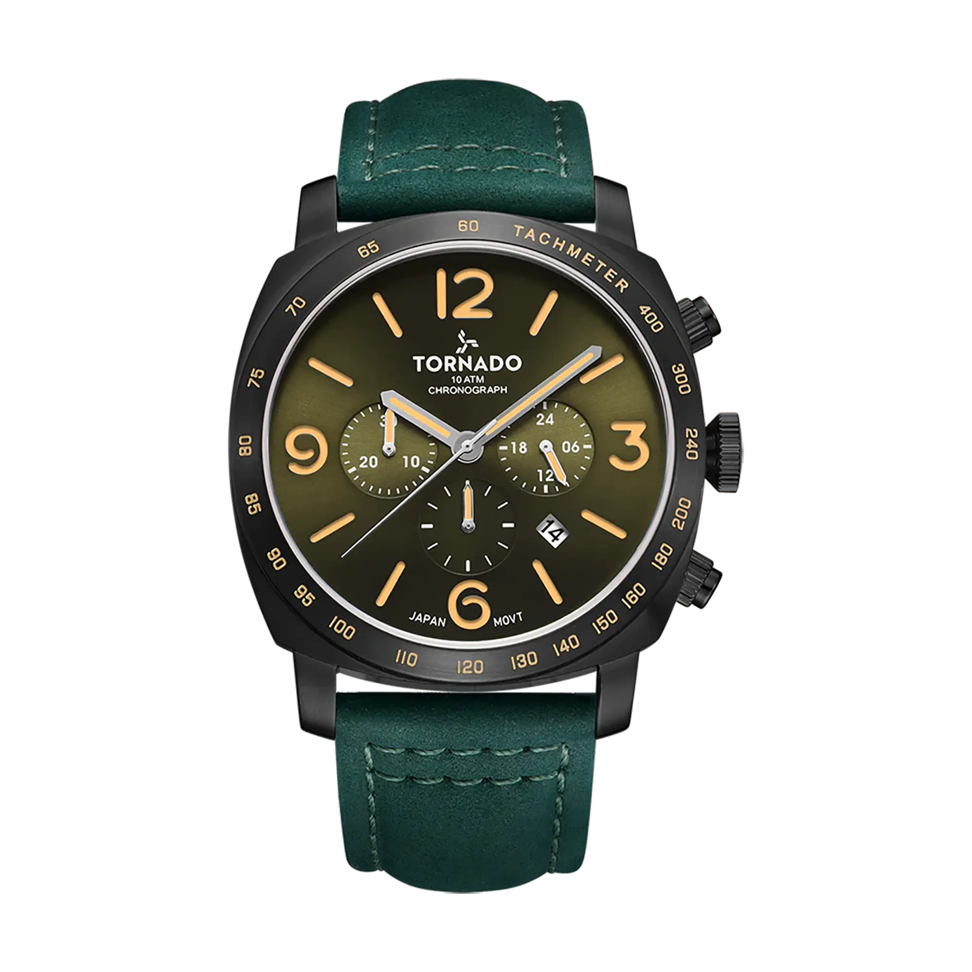 LUMINA CHRONOSPHERE Men's Chronograph Fashion Watch, Leather Strap, Round Dial, Green-Black Color, Leather Strap Watch