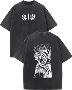 Vintage Washed Akaza T-Shirt Kimetsu no Yaiba Anime Shirt for Menswear Top - High-Quality Cotton, Oversized Fit, Streetwear Style, Perfect for Anime Fans & Conventions