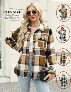 Plus-size Women's Plaid Shirt Oversized Tartan Shacket Coat Preppy Trendy Design Button Front Loose Fit Machine Washable Fashion Chic Jackets for Fall & Winter