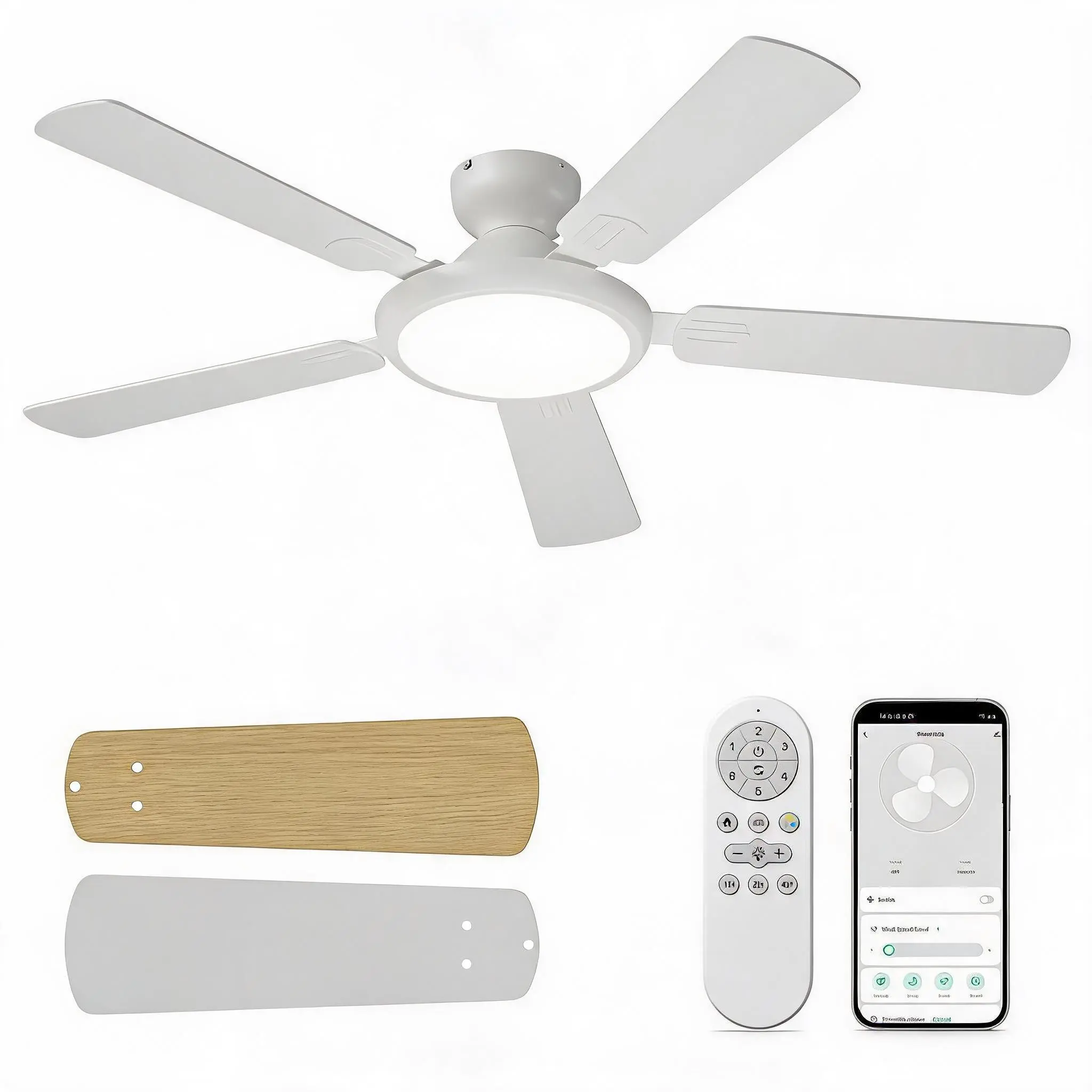 Smart Ceiling Fan with Lights, WiFi App & Remote Control, Low Profile Flush Mount Ceiling Fan with Quiet Reversible DC Motor, Dimmable 3-Color LED for Bedroom, Living Room