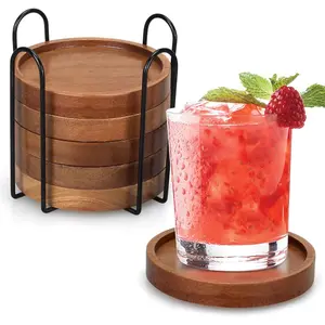 6 Pcs Best Wooden Coasters with Holder Coffee Table Coasters for Drink Acacia Wood Coaster Set Modern Cup Coasters Home Dining Table Decor Cute Beer Bar Coasters Decorative Rustic Outdoor Coasters