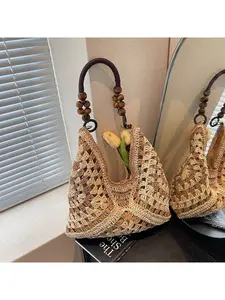 Boho Style Crochet Straw Shoulder Bag, Large Handmade Woven Tote for Vacation, Beaded Bags