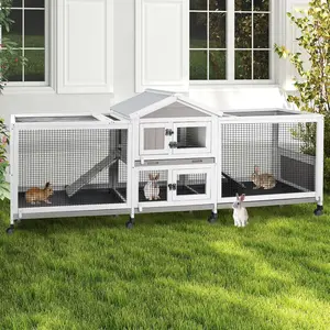 PetsCosset Double Rabbit Hutch Outdoor Indoor Large Bunny Cage with Dual Side Runs, 2-Story Wooden Hutch with 4 Leak Proof Trays