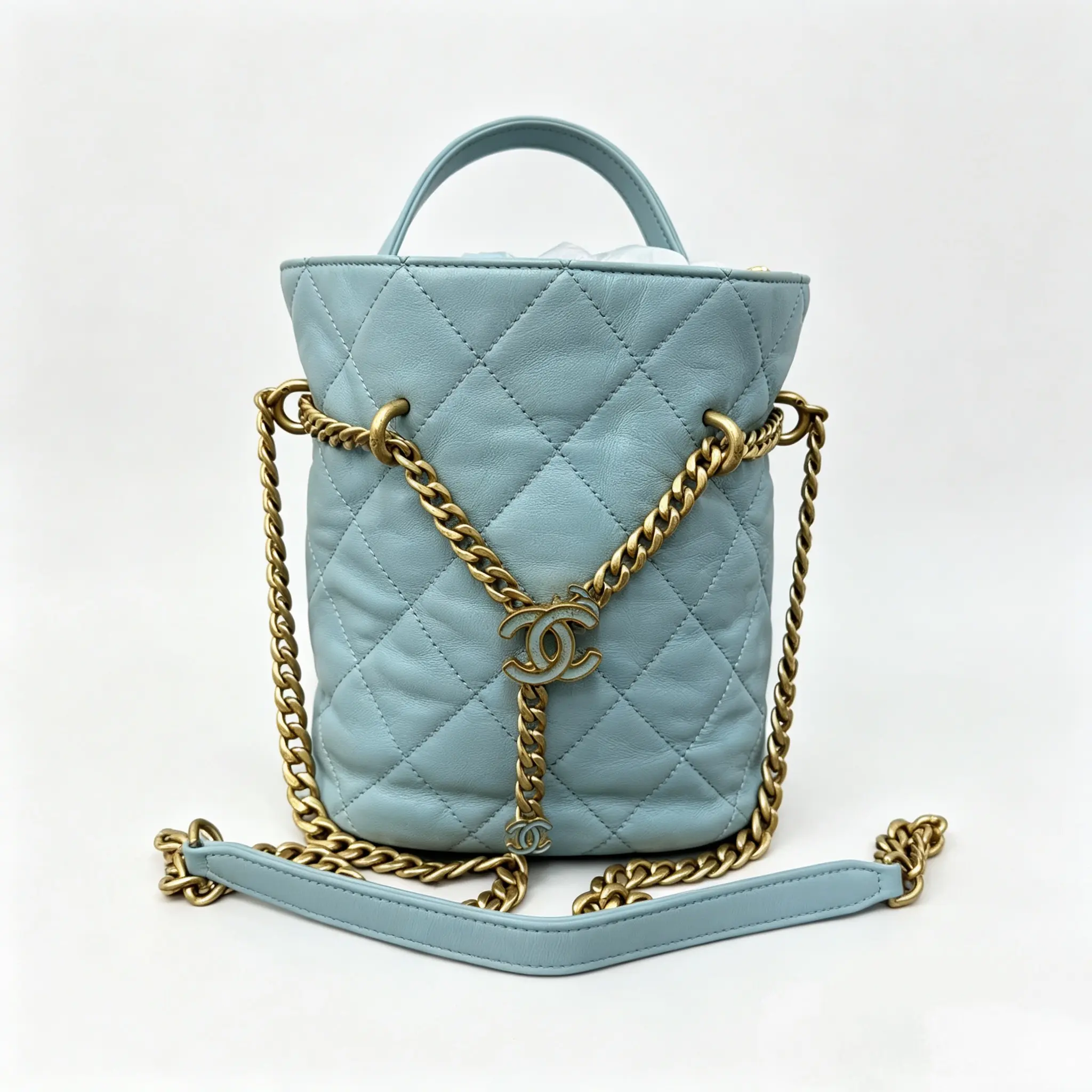 Pre-owned CHANEL Baby Blue Quilted Bucket Bag