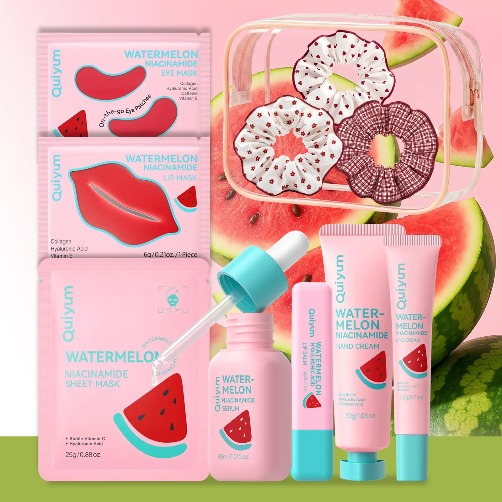 QUIYUM Watermelon Niacinamide Skincare Set for Teenagers & Beginners - 9Pcs Complete Hydrating Face, Eye, Lip & Hand Care Kit with Sheet Mask, Serum & Lip Balm - Includes Clear Waterproof Pouch & Scrunchie, Hydration Kit, Hydrating Facial Kit