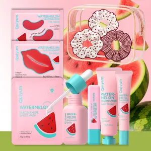 QUIYUM Watermelon Niacinamide Skincare Set for Teenagers & Beginners - 9Pcs Complete Hydrating Face, Eye, Lip & Hand Care Kit with Sheet Mask, Serum & Lip Balm - Includes Clear Waterproof Pouch & Scrunchie