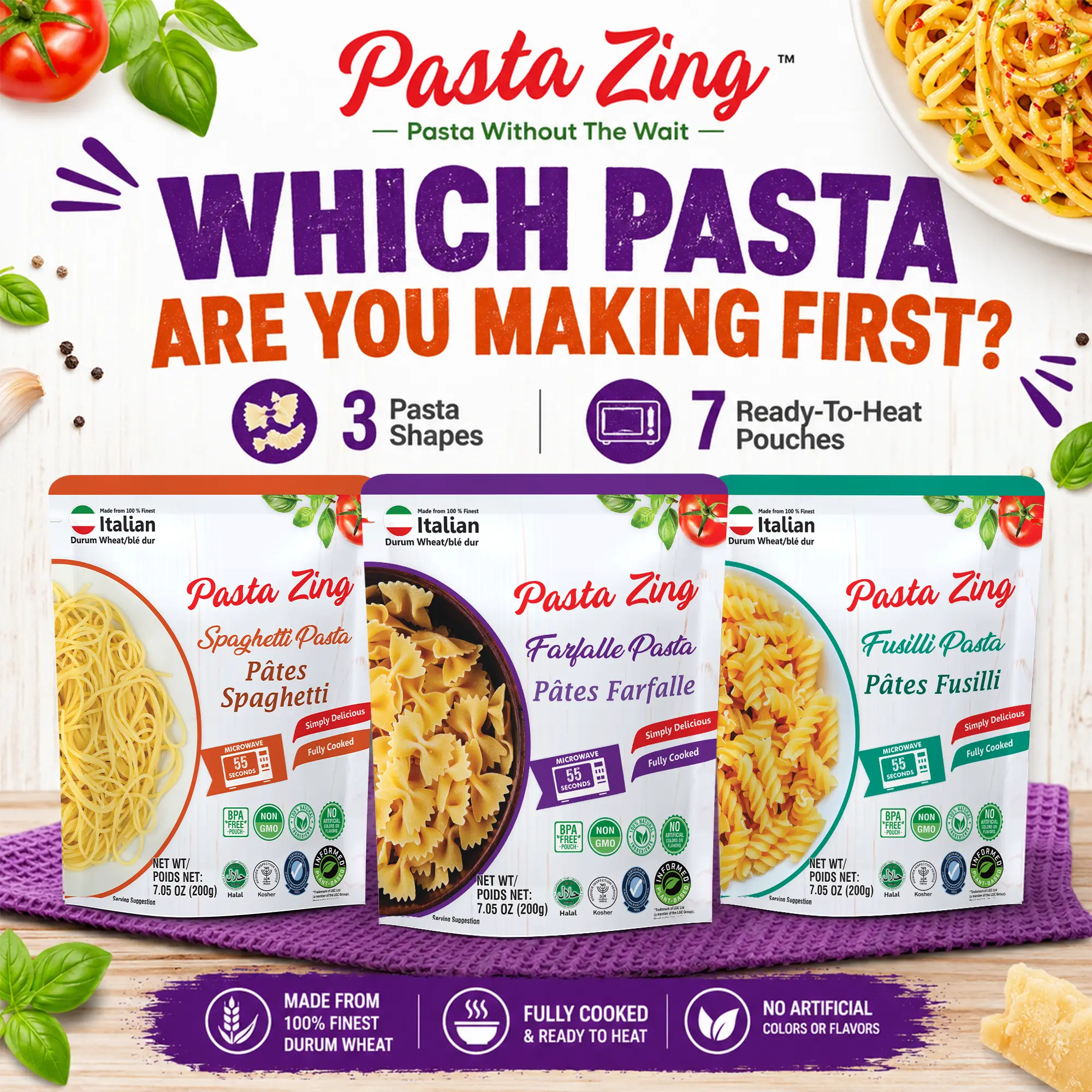 Pasta Zing Variety Pack, Fully Cooked Italian Pasta, Ready in 1 Minute, 14g Protein, Al Dente Bite, 3x Spaghetti 2x Farfalle 2x Fusilli, BPA-Free Pouch, 7 Pack 7.05 oz