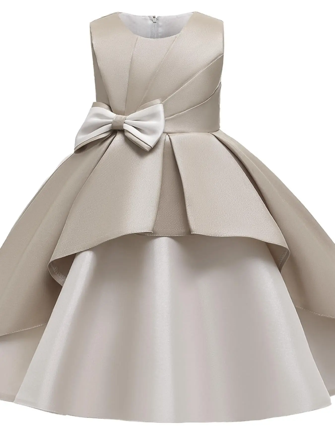 Girl's Solid Bow Front Plicated A Line Dress, Elegant Bow Back Sleeveless Round Neck Tulle Dress For Wedding Party, Kids Partywear For All Seasons, Bi