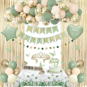 Sage Green Birthday Party Set for Women & Girls with Foil Balloons, Banner, Cake Topper & More