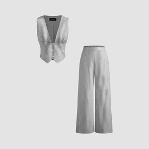 Cider [5 colors, size 0-26] V-neck Striped Belted Vest With Mid Rise Striped Pocket Straight Leg Trousers