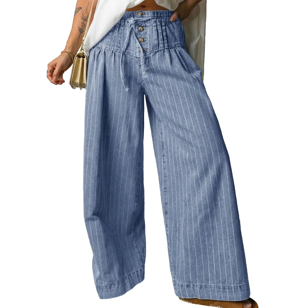 Dokotoo Women's Stripe Denim Wide Leg Jeans With Button Closure Casual Jeans