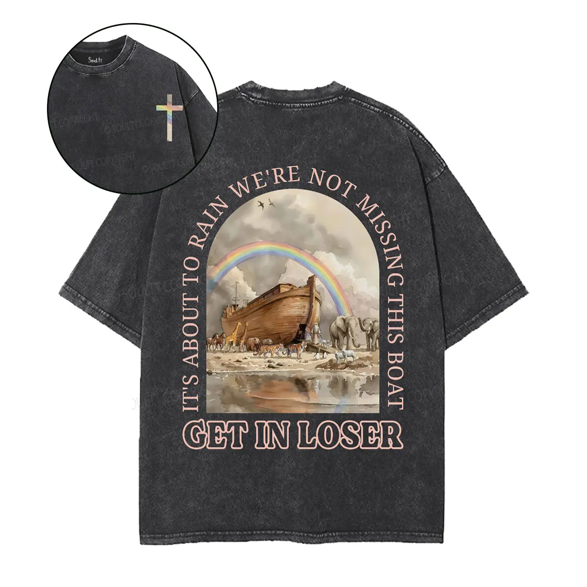 Vintage Washed Noah's Ark T-Shirt, "Get In Loser It's About To Rain" Christian Graphic Double-Sided Tee, Retro Faith Based Casual Crewneck Shirt for Believers