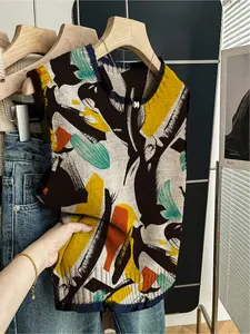 1pc Women's Spring/Summer Back to School Casual Loose Crew Neck Sleeveless Knit Top - Dark BluePiped Trim, Contrast Color Print, Gilet Compatible, Womenswear