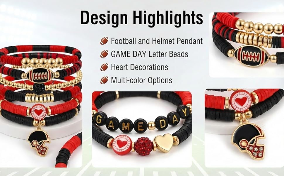 MTAADSQ Game Day Football Bracelets for Women Stackable Charm Stretch Sports Bracelets for Football Moms Dads Coaches Fans