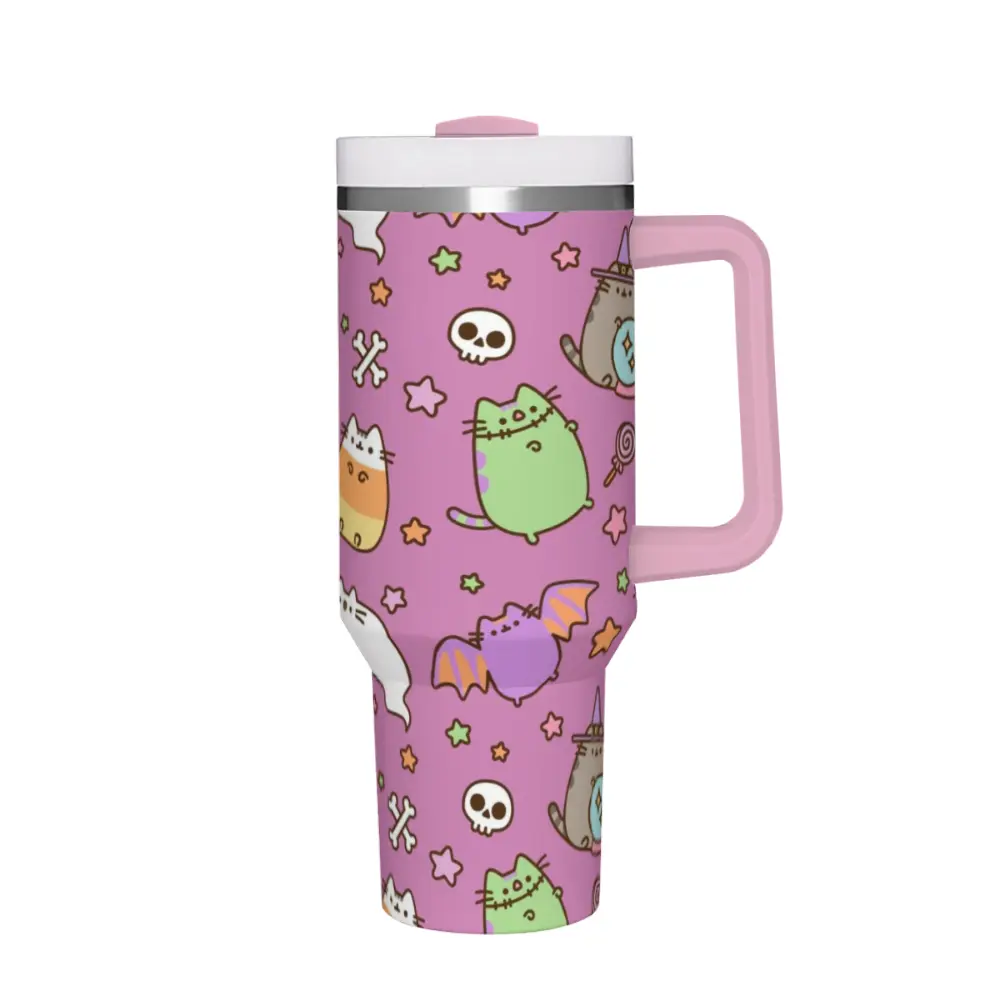 40oz Insulated Mug, Full Pusheen Cat halloween colorful with intricate patterns Insulated Tumbler,Double-Wall Vacuum Insulated Stainless Steel with Straw Lid & Handle, Leak-Proof Thermal Mug Keeps Drinks Hot 12H and Cold 24H, Valentines Birthday Gift