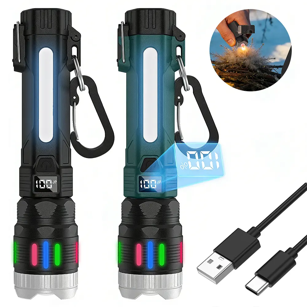 Flashlight Ignition Function, 2-in-1 Flashlight Digital Display, Rechargeable, Zoomable, Waterproof, Adjustable Brightness for Outdoor Camping Emergency BackToSchool outdoorfun