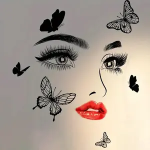 Modern Geometric Heart Wall Stickers Set, PVC Self-Adhesive Waterproof Decorative Decals with Lips Eye Butterfly Patterns, Home Room Decor