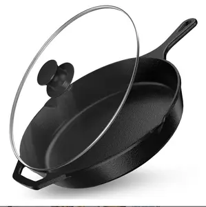12 Inch, Cast Iron Chefs Pan, Pre Seasoned Cast iron Skillet With Lid, Safe Grill Cookware for Indoor & Outdoor Use, Black