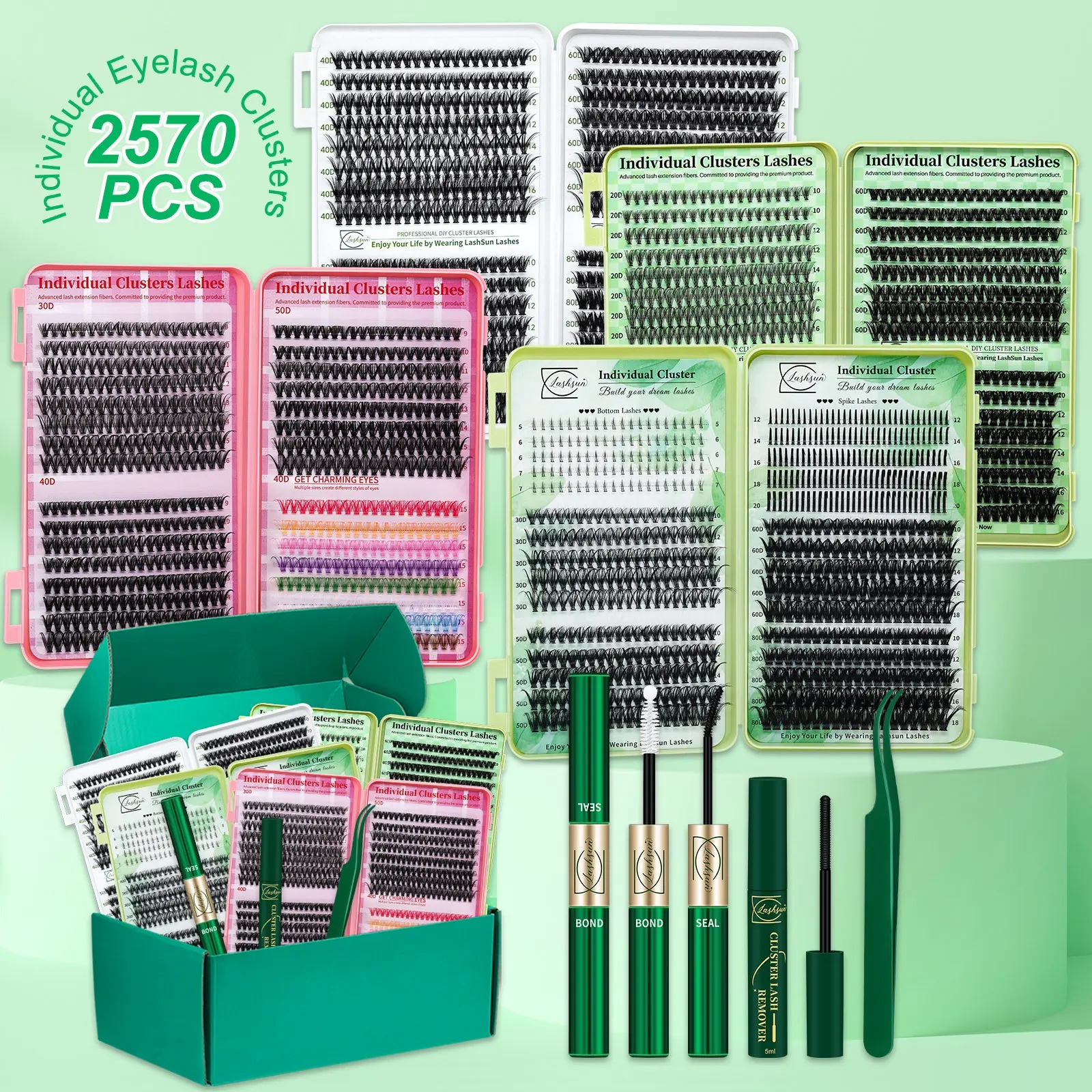Lashsun 2570 PCS Cluster Eyelashes Set D Curl 10 Styles Puff Lash Clusters Colored/Bottom/Spike/Wispy/Manga/Volume Lashes, Kit with Bond&Seal Lash Remover Lash Applicator, Perfect for Beginners&Proficient, DIY at Home Easily, Easy Apply for Makeup Daily
