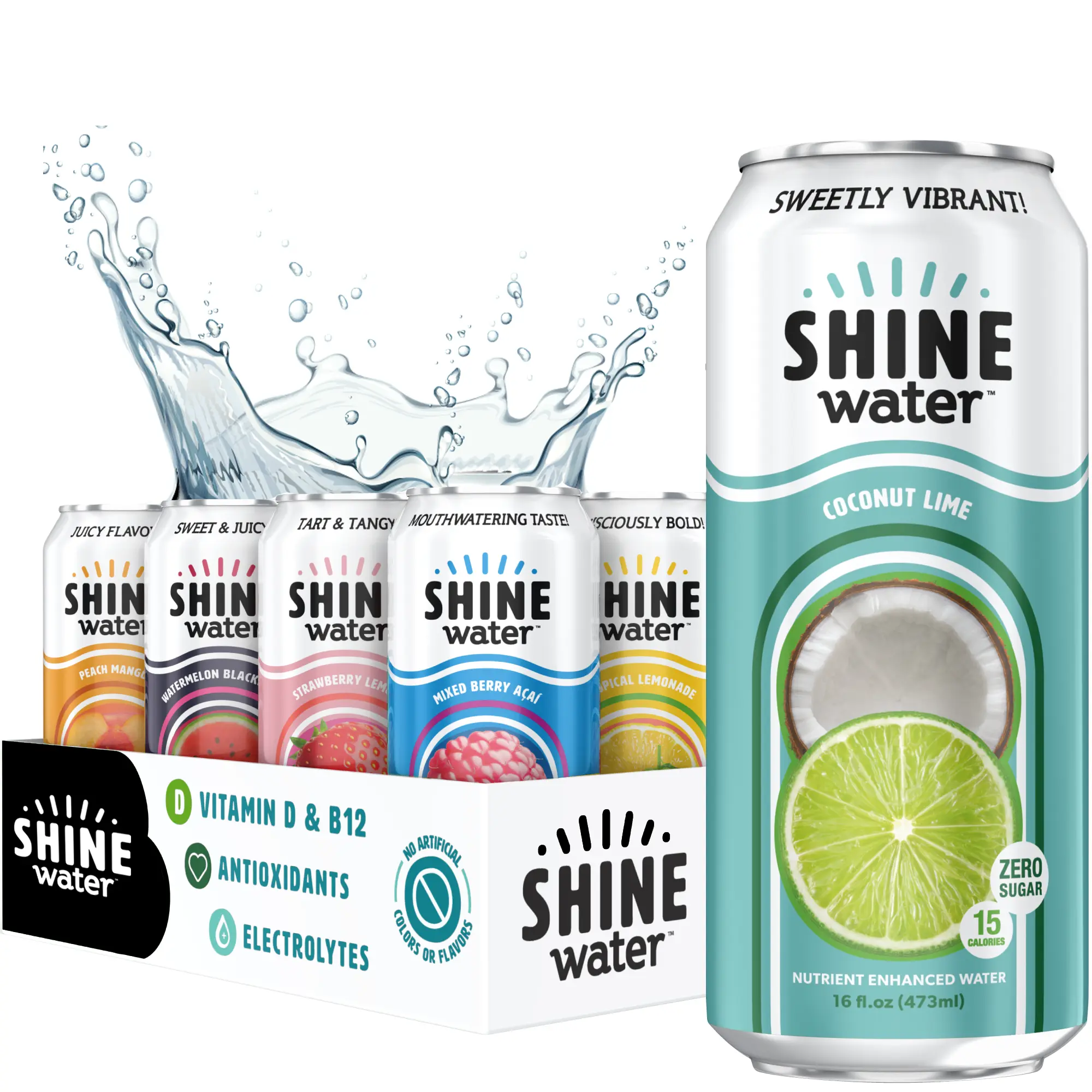 ShineWater Natural Sugar-Free Energy Sport Beverage Variety Pack - 12-Pack, Vitamin D, B12, Electrolytes, Youth-Focused Vitamins Drink