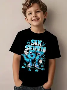 67 6-7 Year Old Boys' Casual Round Neck Short Sleeve T-Shirt, Base, Dinosaur Cartoon 3D Print, Fun and Stylish Kids Top